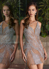 Editorial Silver ASHLEYlauren 4767 One Shoulder Hand Beaded Cocktail Dress with Plunging V-Neck and Open Back

