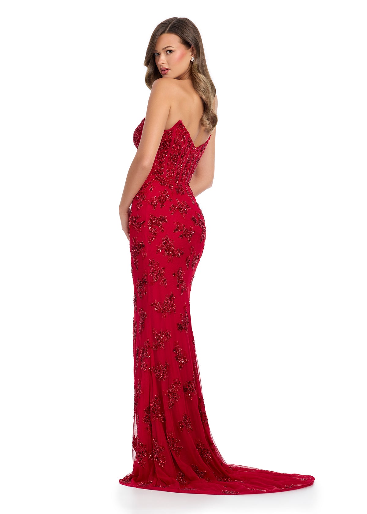 ASHLEYlauren 11818- Red Embellished Strapless Gown - Sequin, Beaded Ashley Lauren Prom Dress - Back View 