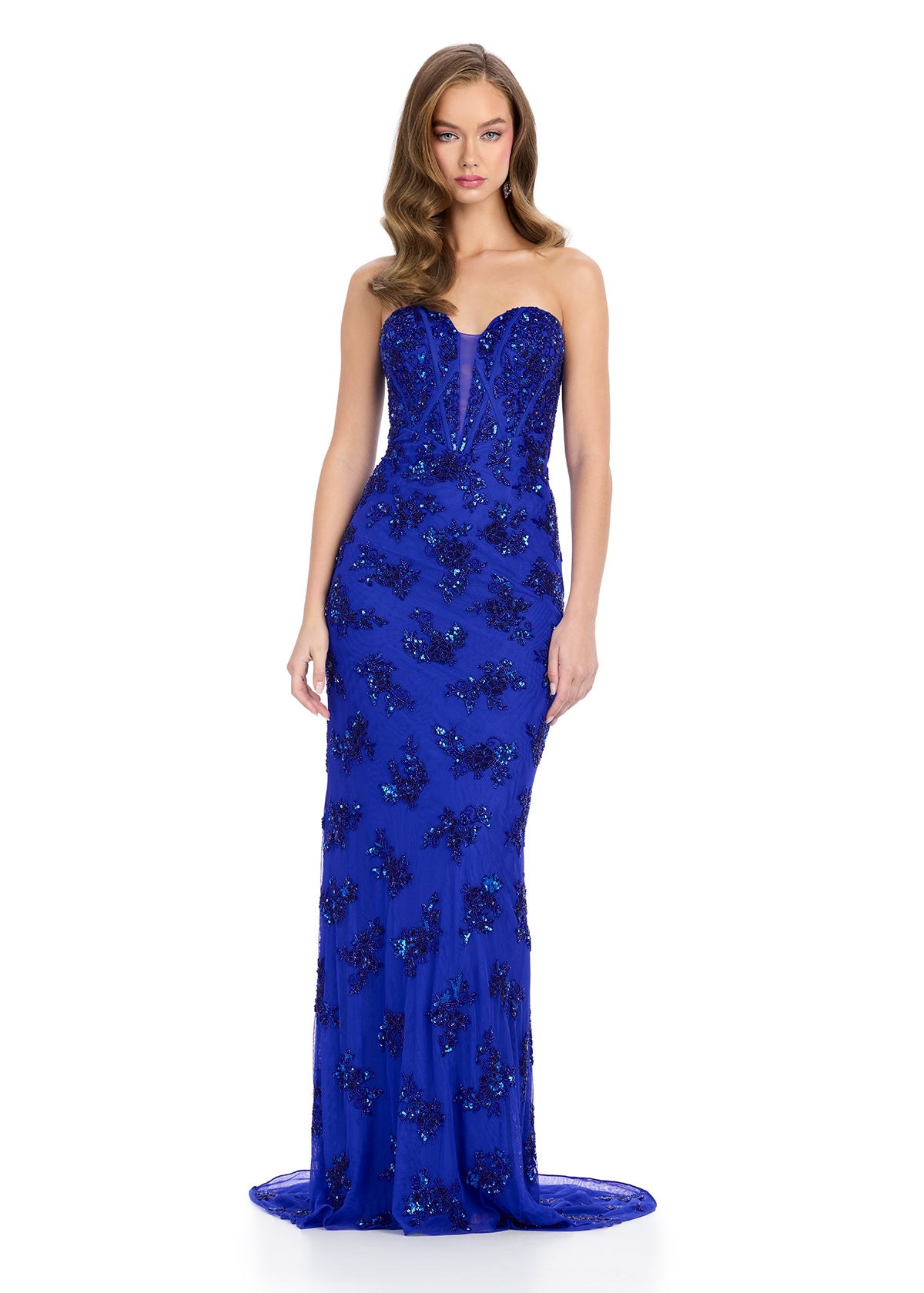 ASHLEYlauren 11818 - Royal Blue Embellished Strapless Gown - Sequin, Beaded Ashley Lauren Prom Dress - Front View 