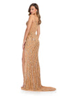 ASHLEYlauren 11821 - Gold Beaded Corset Illusion Evening Gown - Embellished Ashley Lauren Dress with High Slit - Back View 