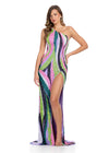 ASHLEYlauren 11823 - Multi - One Shoulder, Cut-Out, Sequin Embellished Evening Gown, with High Slit. Ashley Lauren Dress