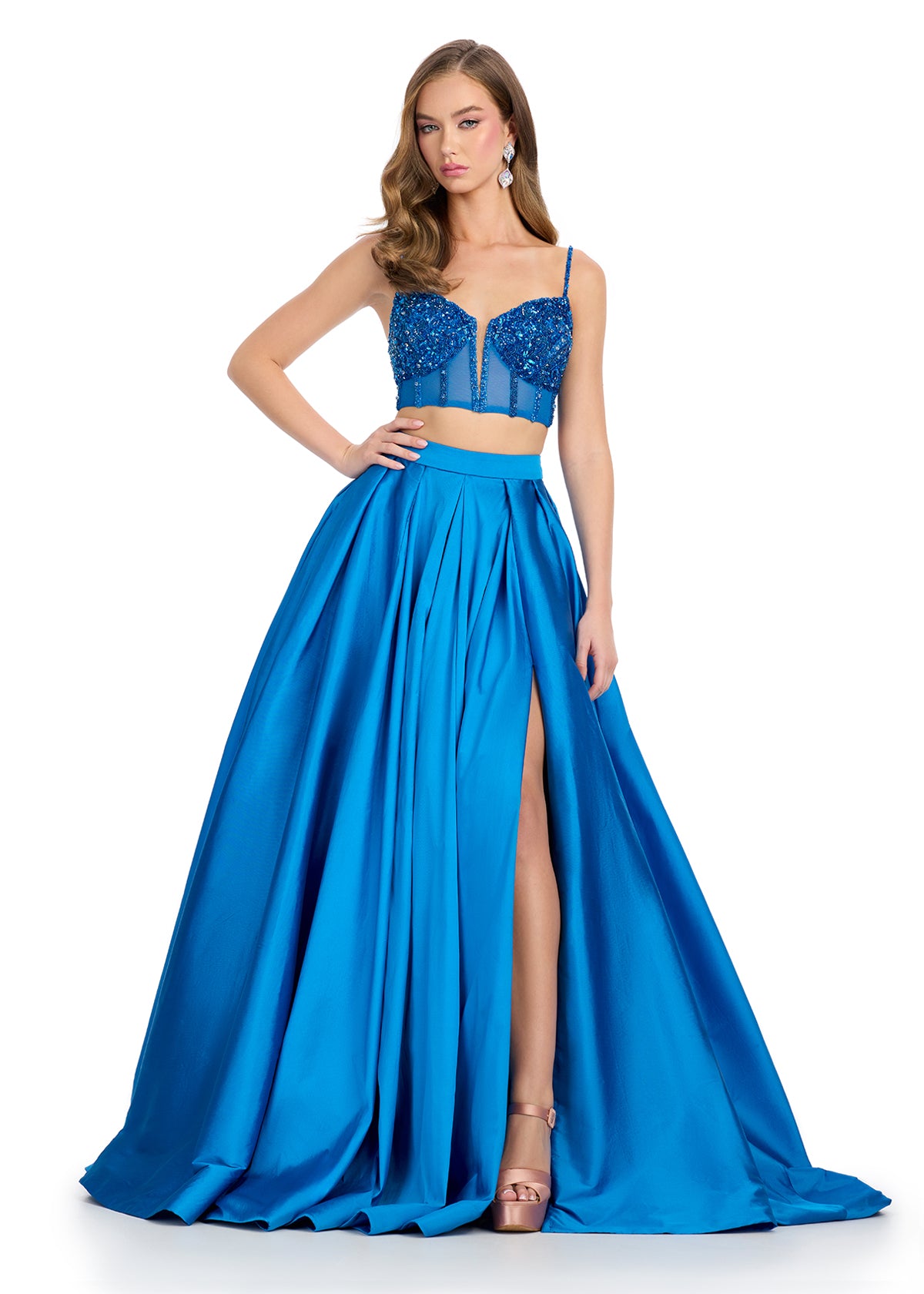 ASHLEYlauren 11826 - Peacock Two Piece Evening Gown - Embellished Corset - Fit &amp; Flare Skirt - Ashley Lauren Dress