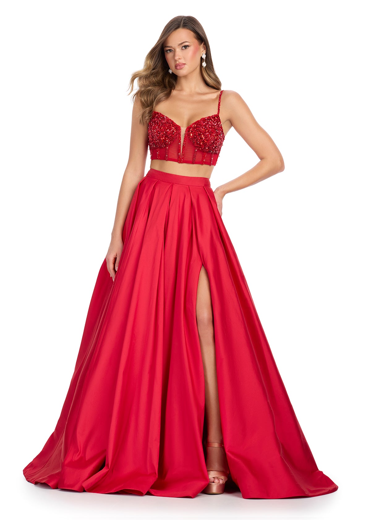 ASHLEYlauren 11826 - Red Two Piece Evening Gown - Embellished Corset - Fit & Flare Skirt - Ashley Lauren Dress