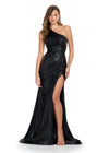 Glamorous one-shoulder metallic gown featuring a ruched bustier for a flattering fit and a left leg slit for a bold, elegant touch. Perfect for making a statement at any special occasion.