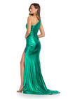 Back - Glamorous one-shoulder metallic gown featuring a ruched bustier for a flattering fit and a left leg slit for a bold, elegant touch. Perfect for making a statement at any special occasion.