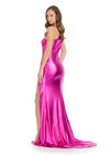 Back - Glamorous one-shoulder metallic gown featuring a ruched bustier for a flattering fit and a left leg slit for a bold, elegant touch. Perfect for making a statement at any special occasion.