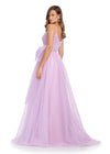 Sparkle all night in this enchanting tulle gown featuring a sweetheart neckline, delicate spaghetti straps, and a statement bow accent for a touch of elegance. Perfect for special occasions. Back