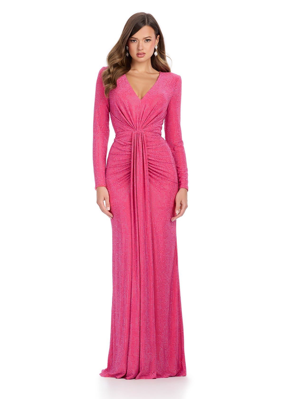 Make a dazzling entrance in this elegant gown featuring a flattering V-neckline, long sleeves, and shimmering press-on stone embellishments throughout for a radiant, sparkling look. Perfect for special occasions.