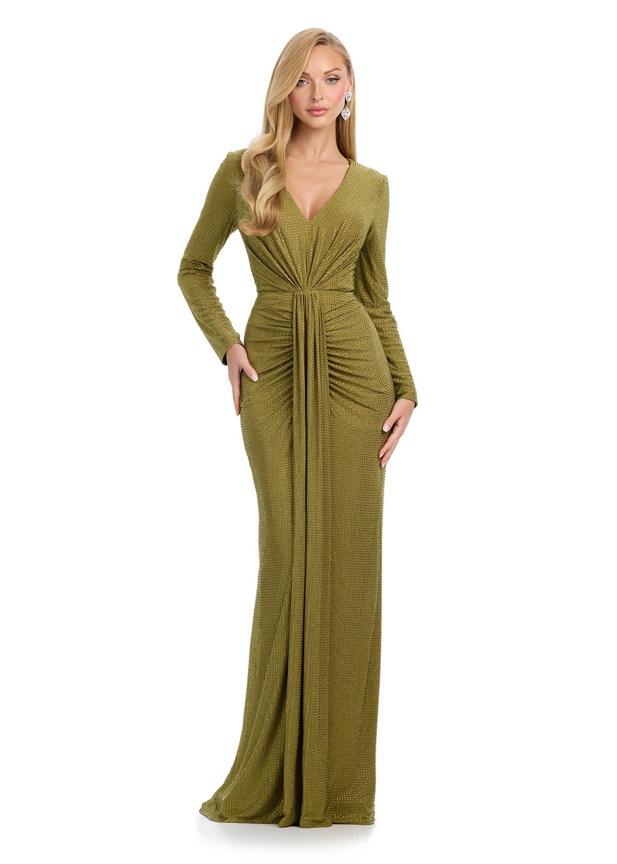 Make a dazzling entrance in this elegant gown featuring a flattering V-neckline, long sleeves, and shimmering press-on stone embellishments throughout for a radiant, sparkling look. Perfect for special occasions.