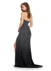 Back - Timeless and elegant strapless gown adorned with pearls and press-on stones that shimmer from every angle. Designed with a flattering silhouette and a left leg slit for a sophisticated and radiant look. Perfect for special occasions.