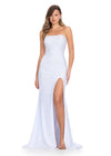 Timeless and elegant strapless gown adorned with pearls and press-on stones that shimmer from every angle. Designed with a flattering silhouette and a left leg slit for a sophisticated and radiant look. Perfect for special occasions.