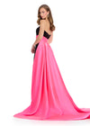 Back - Classic and elegant strapless velvet gown featuring a figure-flattering satin overskirt that cinches the waist, paired with a left leg slit for a sophisticated and timeless look. Perfect for special occasions.