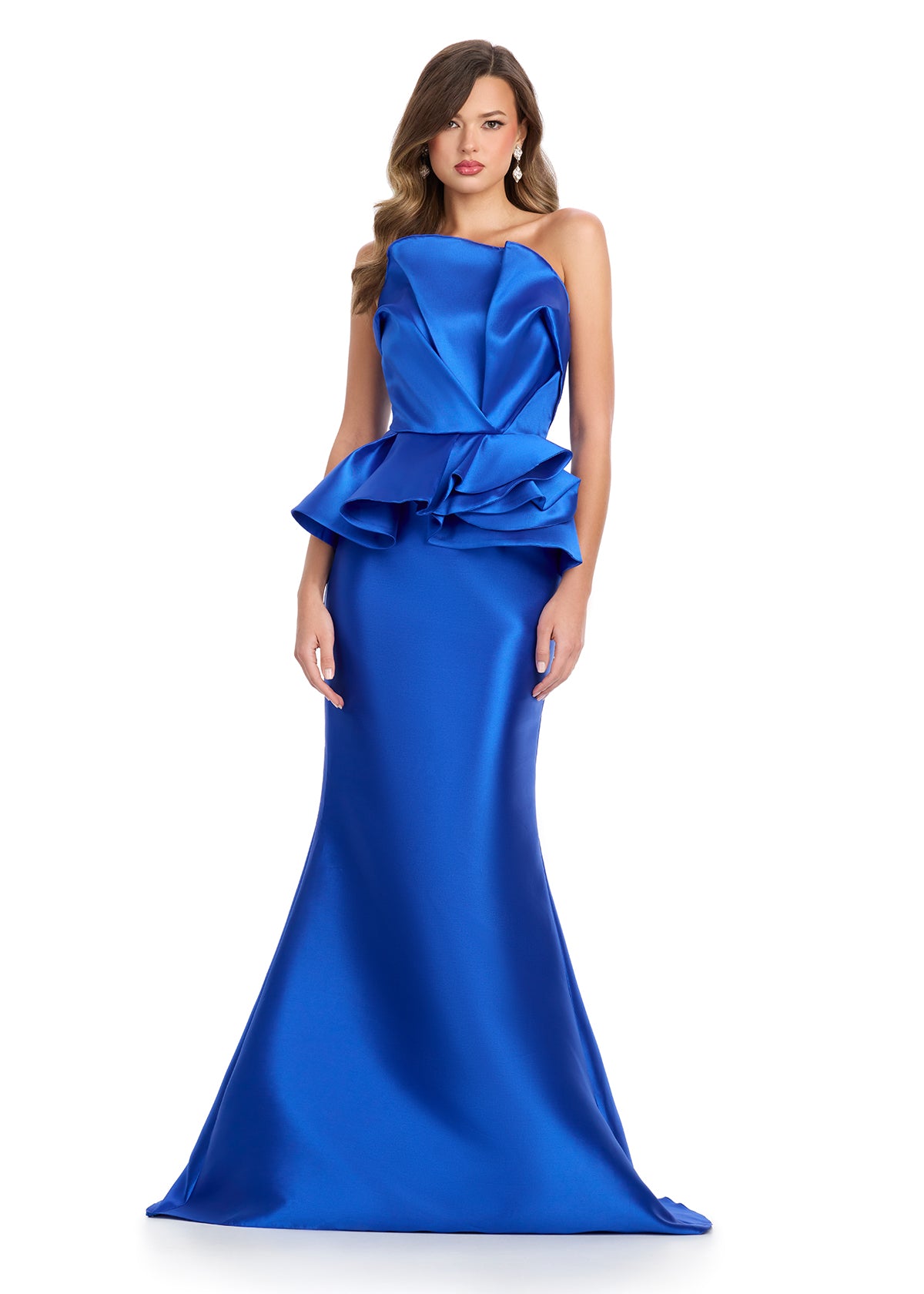 ASHLEYlauren 11874 - Blue  - Off Shoulder Mermaid Gown with Peplum Waist