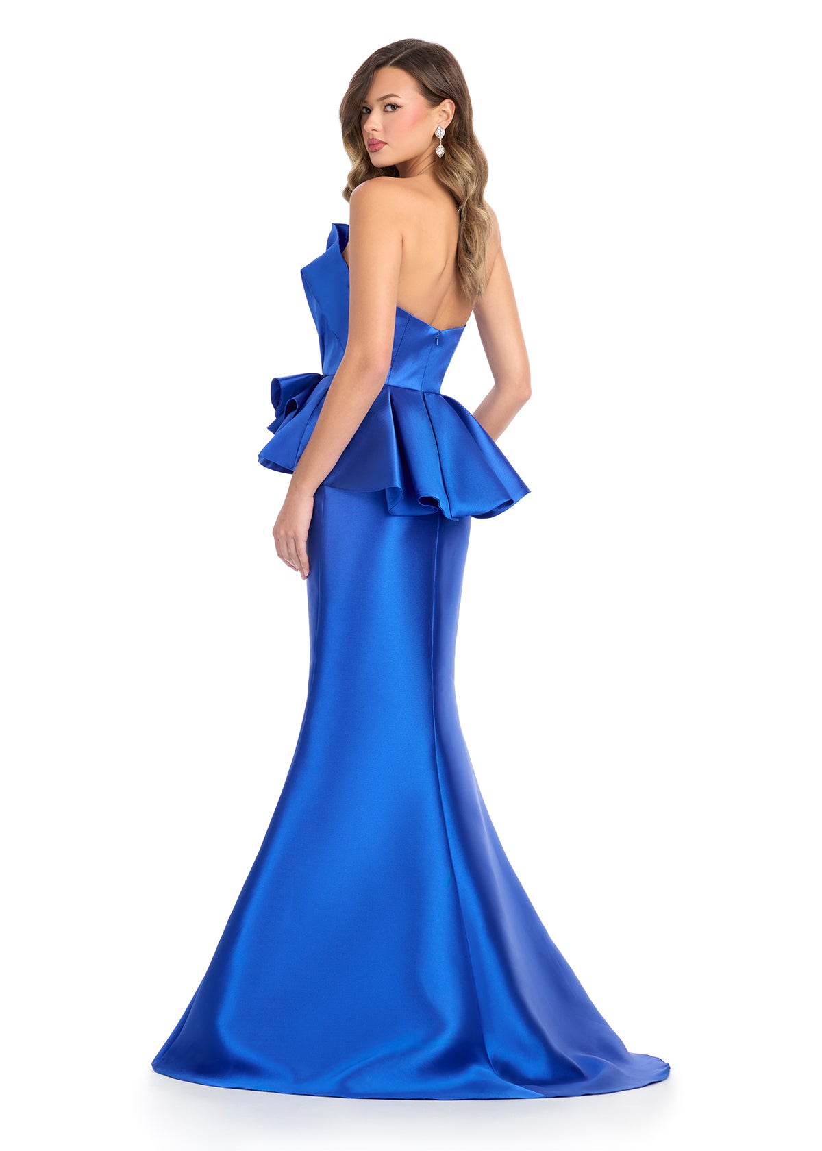 ASHLEYlauren 11874 - Blue - Off Shoulder Mermaid Gown with Peplum Waist - Back View 