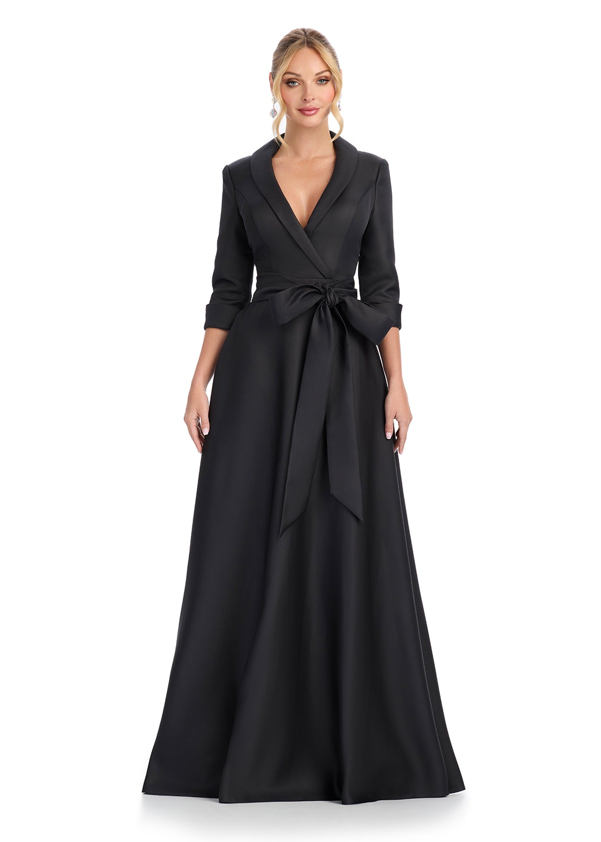 ASHLEYlauren 11876 - Black Elegant Tuxedo Wrap Dress - Mother of The Bride

