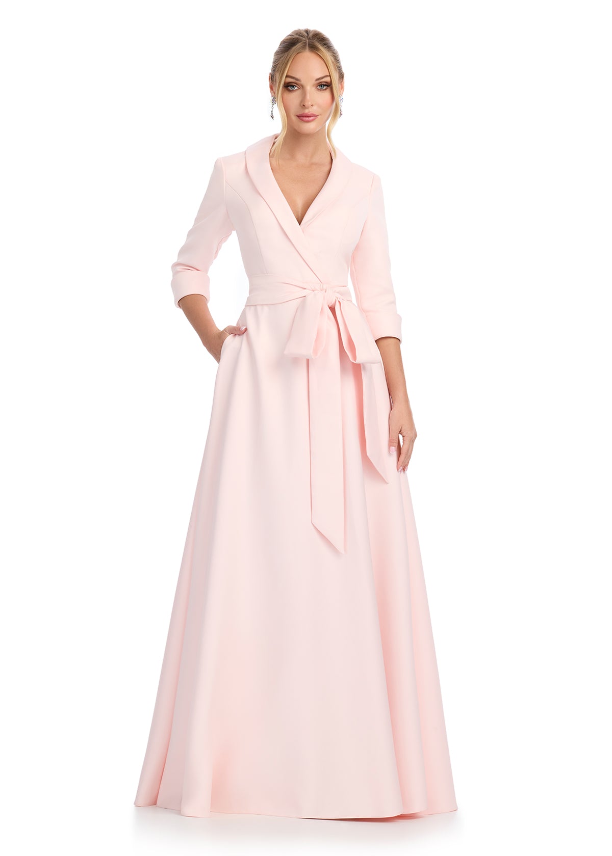 ASHLEYlauren 11876 - Baby Pink - Elegant Tuxedo Wrap Dress - Mother of The Bride

