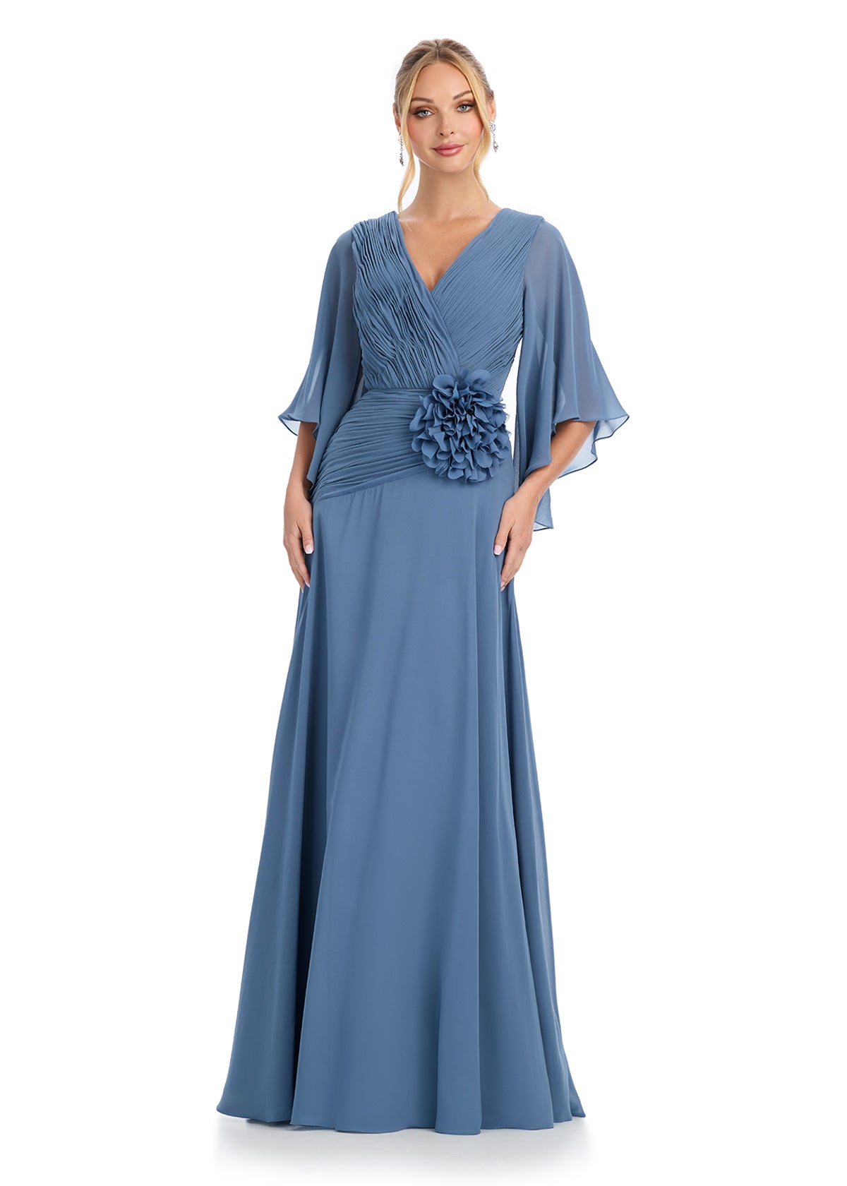 ASHLEYlauren 11877 – Slate Blue -Chiffon Gown with Ruched Bodice & Floral Waist

