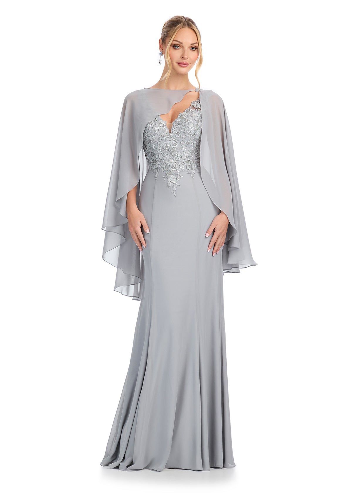 Dreamy and elegant chiffon gown featuring a shimmering embroidered lace bustier, a flowing skirt, and a separate cape for a regal and ethereal look. Perfect for special occasions.