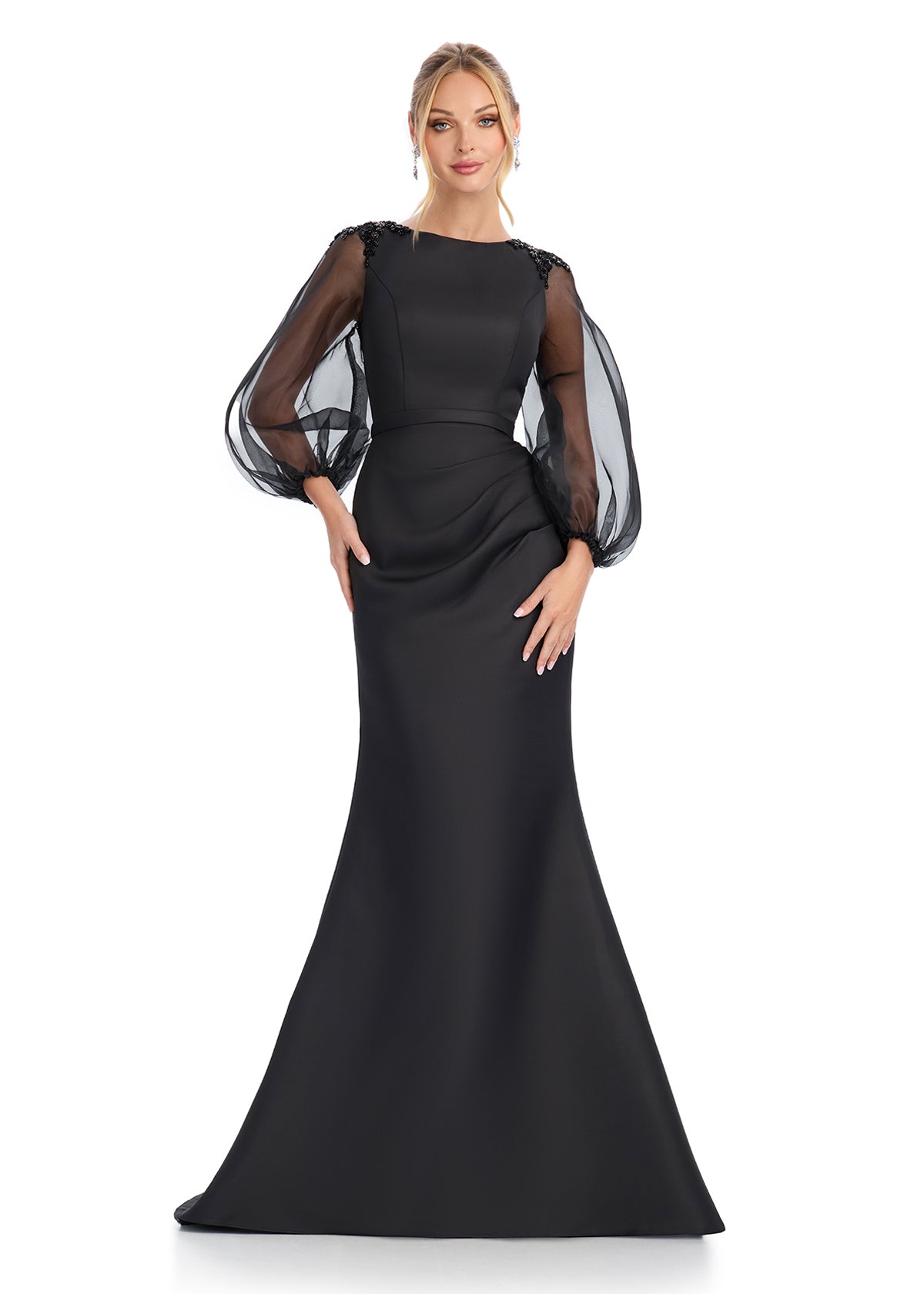  Timeless mikado gown featuring fully beaded straps, a ruched bustier that accentuates your curves, and a sleek column skirt. Finished with a sweeping overskirt for a regal and showstopping look. Perfect for special occasions.