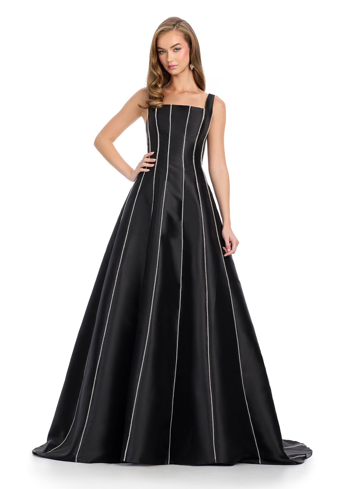 Elegant mikado ball gown featuring a sophisticated square neckline, pearl trim detailing along the seams to accentuate your curves, and a flowing A-line skirt for a timeless and regal look. Perfect for special occasions.