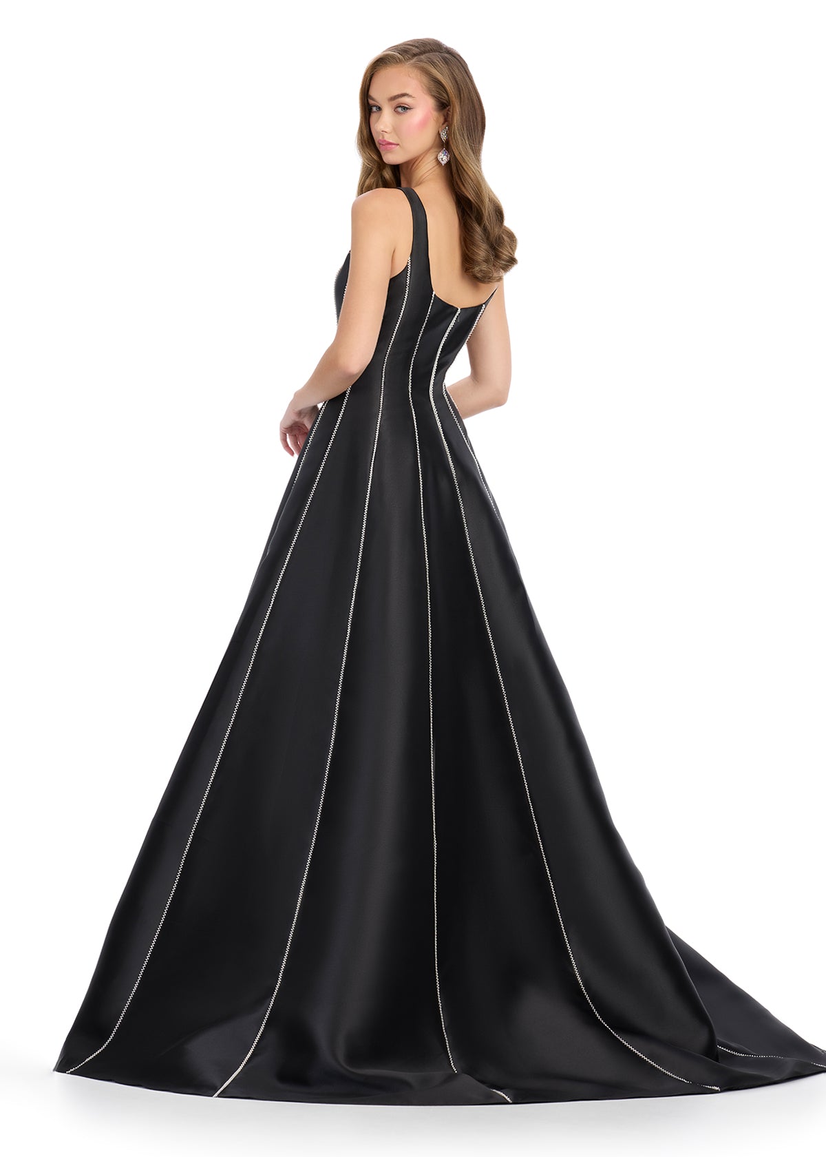 Back - Elegant mikado ball gown featuring a sophisticated square neckline, pearl trim detailing along the seams to accentuate your curves, and a flowing A-line skirt for a timeless and regal look. Perfect for special occasions.