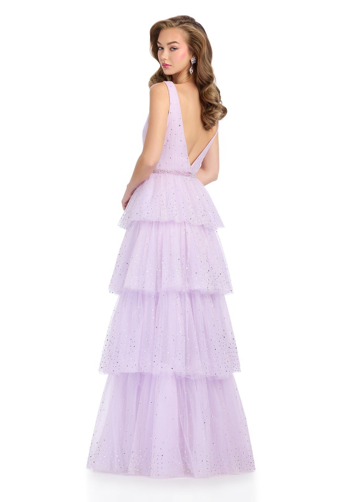 Back - Sparkling fully stoned gown featuring a V-neckline, a tiered A-line skirt, and a crystal bow belt adorned with press-on stones for a glamorous and elegant look. Perfect for dazzling all night long.