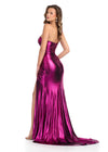 Back - Sleek and glamorous one-shoulder metallic jersey gown featuring a wrap skirt, left leg slit, and a sweep train for a bold and sophisticated look. Perfect for making a statement at any special occasion.