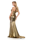 Back - Sleek and glamorous one-shoulder metallic jersey gown featuring a wrap skirt, left leg slit, and a sweep train for a bold and sophisticated look. Perfect for making a statement at any special occasion.