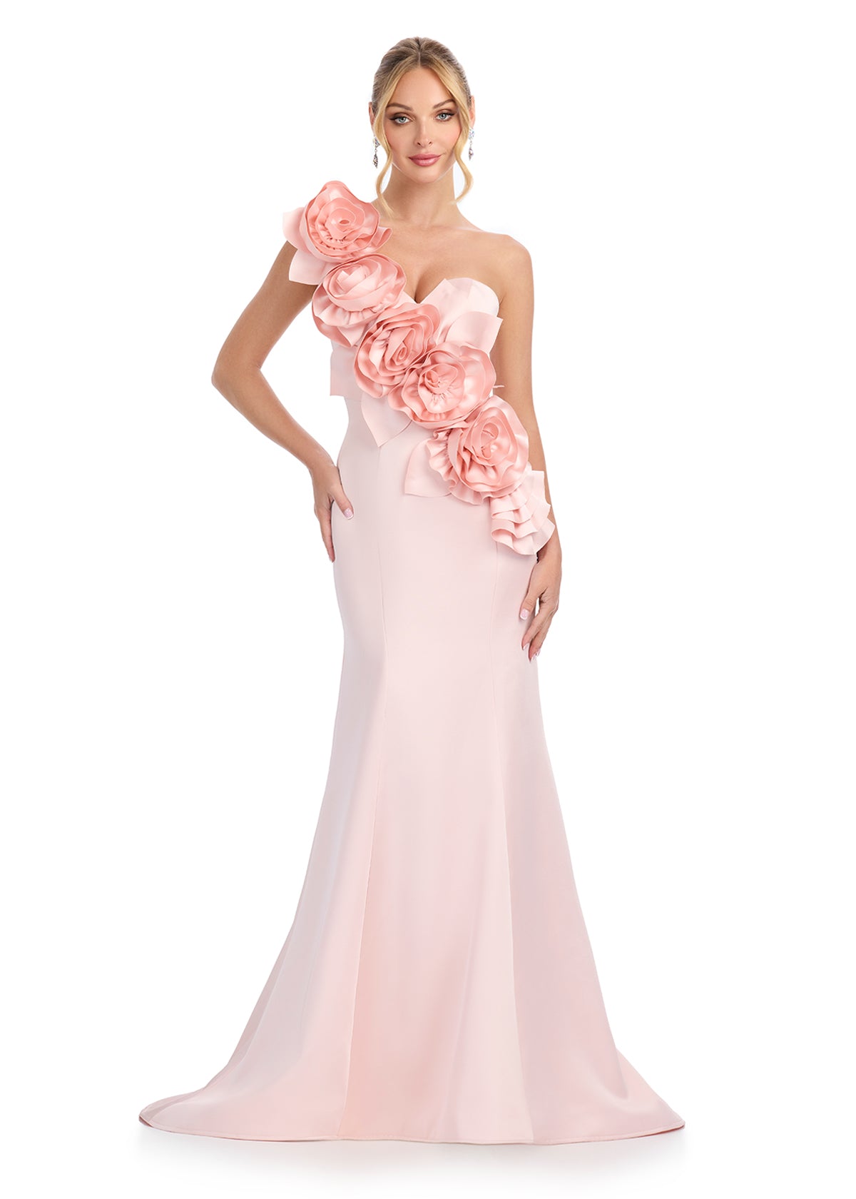 Statement-making satin gown featuring a sweetheart neckline, a dramatic one-shoulder strap, and large cascading floral accents on the bustier for a showstopping WOW factor. Perfect for special occasions.