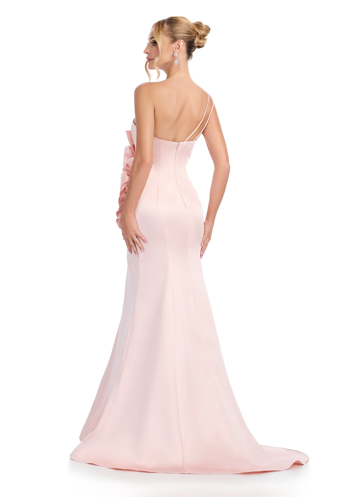 Back - Statement-making satin gown featuring a sweetheart neckline, a dramatic one-shoulder strap, and large cascading floral accents on the bustier for a showstopping WOW factor. Perfect for special occasions.