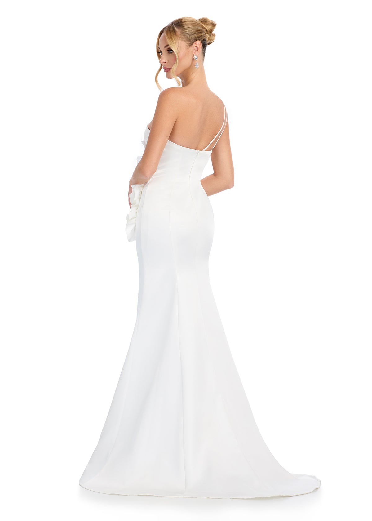 Back - Statement-making satin gown featuring a sweetheart neckline, a dramatic one-shoulder strap, and large cascading floral accents on the bustier for a showstopping WOW factor. Perfect for special occasions.