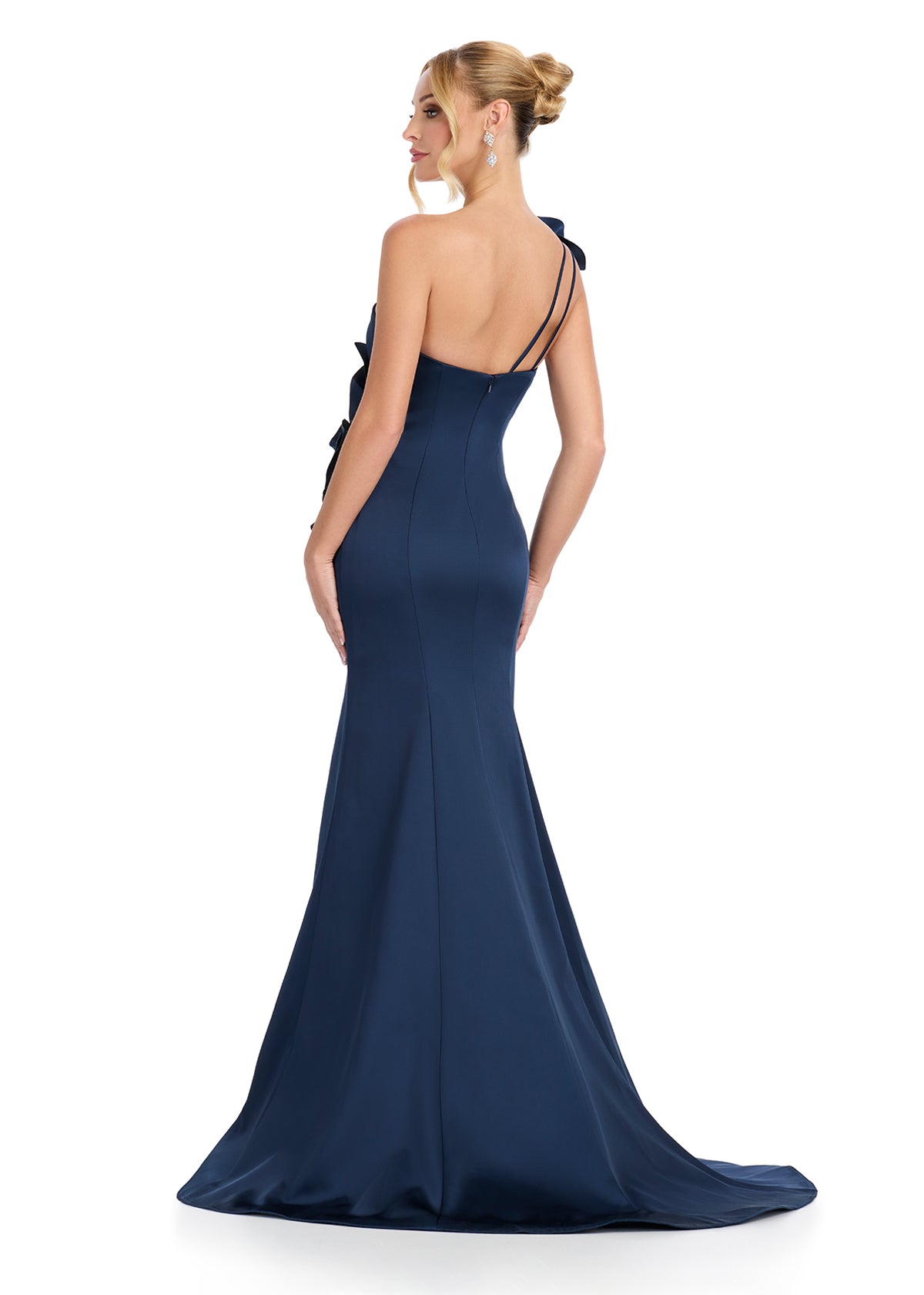 Back - Statement-making satin gown featuring a sweetheart neckline, a dramatic one-shoulder strap, and large cascading floral accents on the bustier for a showstopping WOW factor. Perfect for special occasions.