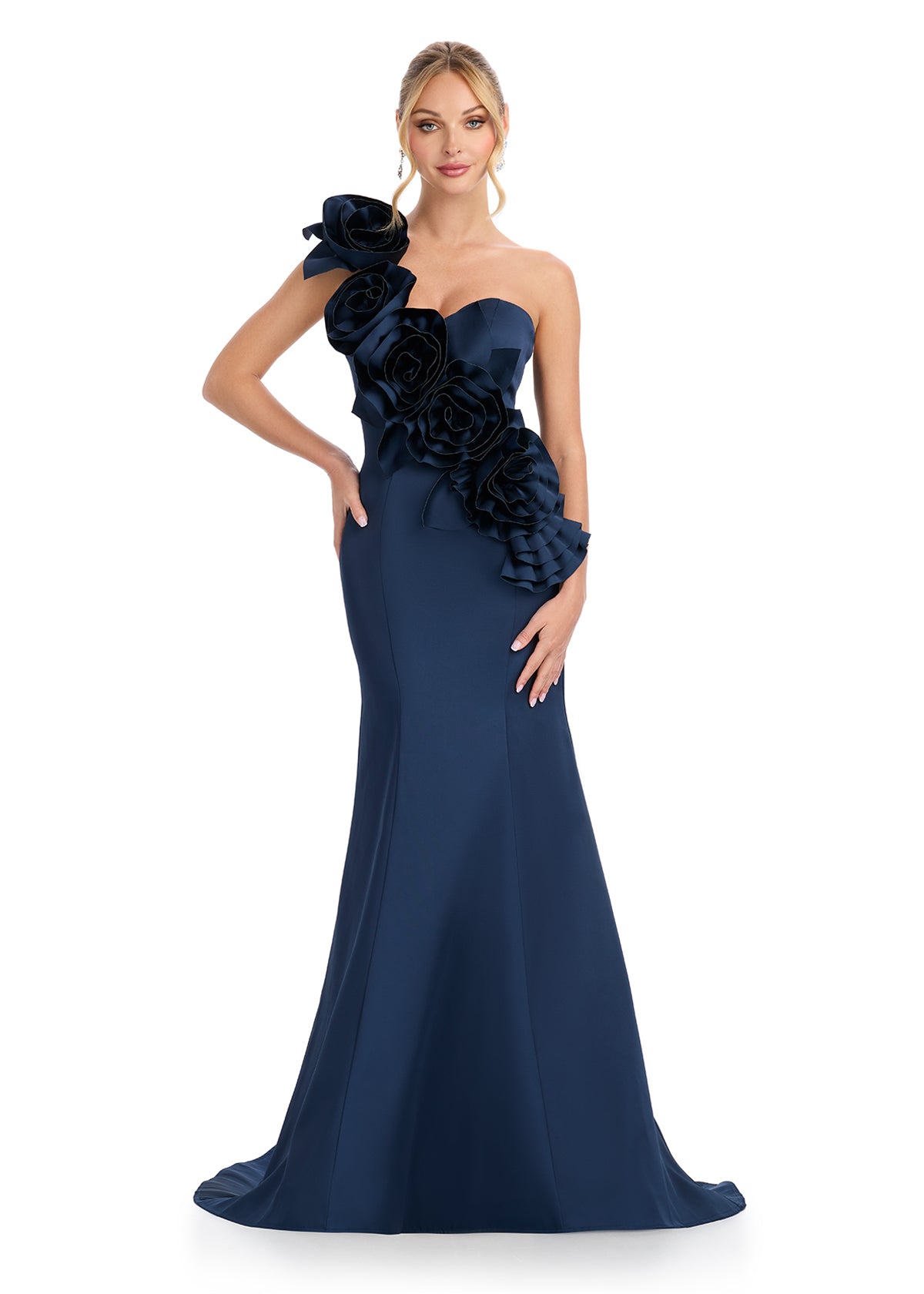 Statement-making satin gown featuring a sweetheart neckline, a dramatic one-shoulder strap, and large cascading floral accents on the bustier for a showstopping WOW factor. Perfect for special occasions.