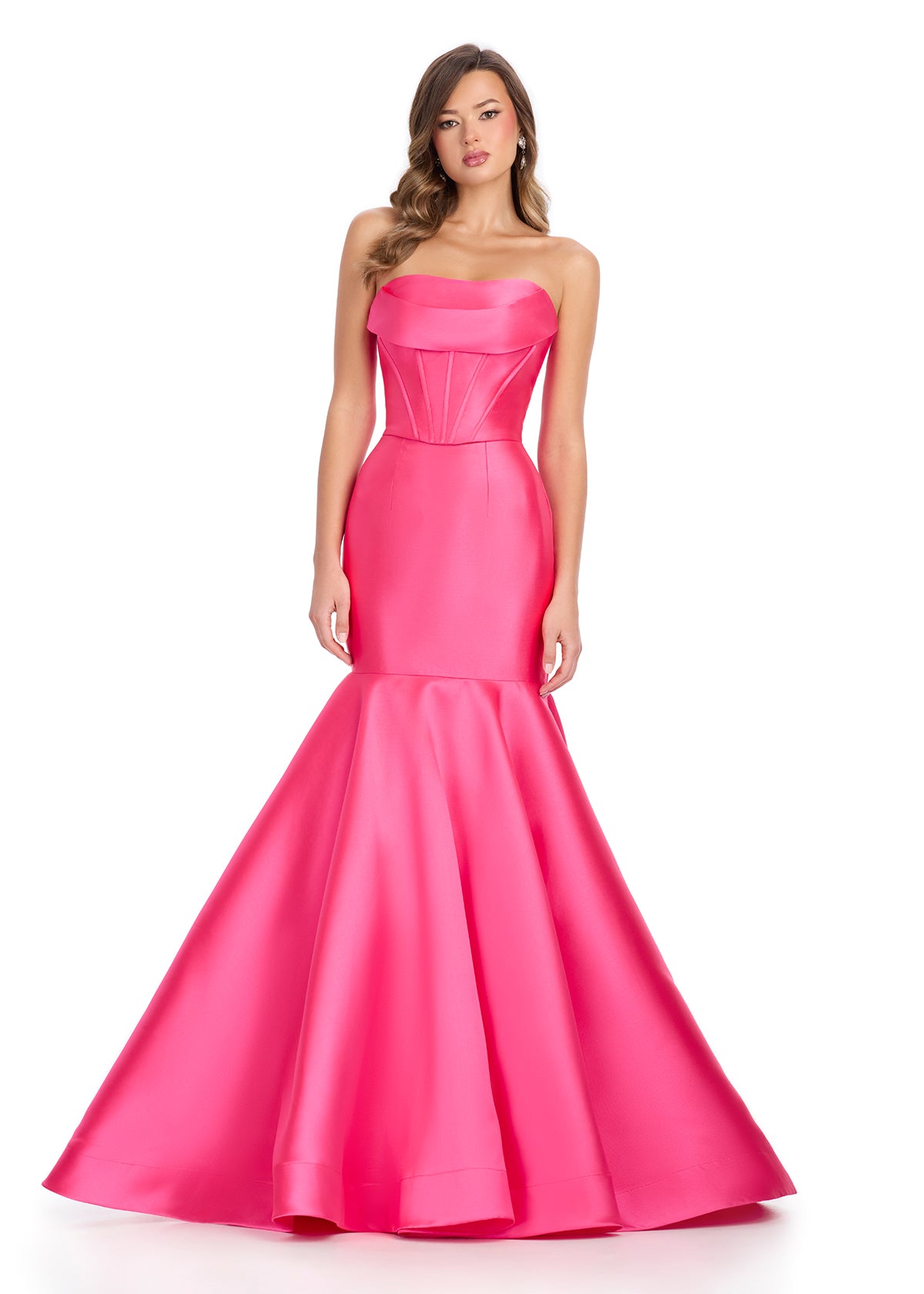 A stunning ASHLEYlauren favorite, this two-piece gown features a structured strapless corset bustier paired with a sleek mikado mermaid skirt. Finished with a sweep train for an elegant and sophisticated look. Perfect for special occasions.