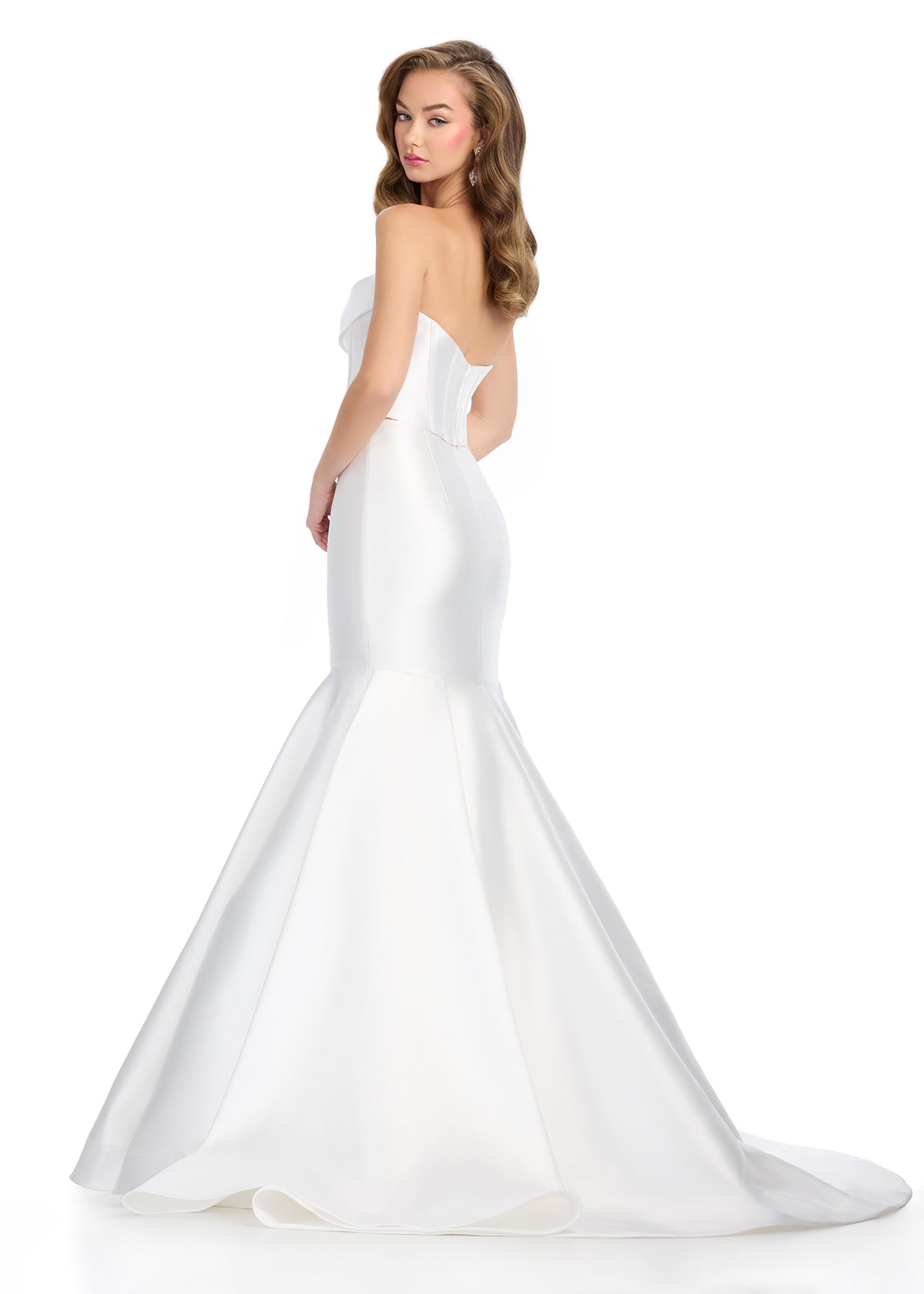 Back - A stunning ASHLEYlauren favorite, this two-piece gown features a structured strapless corset bustier paired with a sleek mikado mermaid skirt. Finished with a sweep train for an elegant and sophisticated look. Perfect for special occasions.