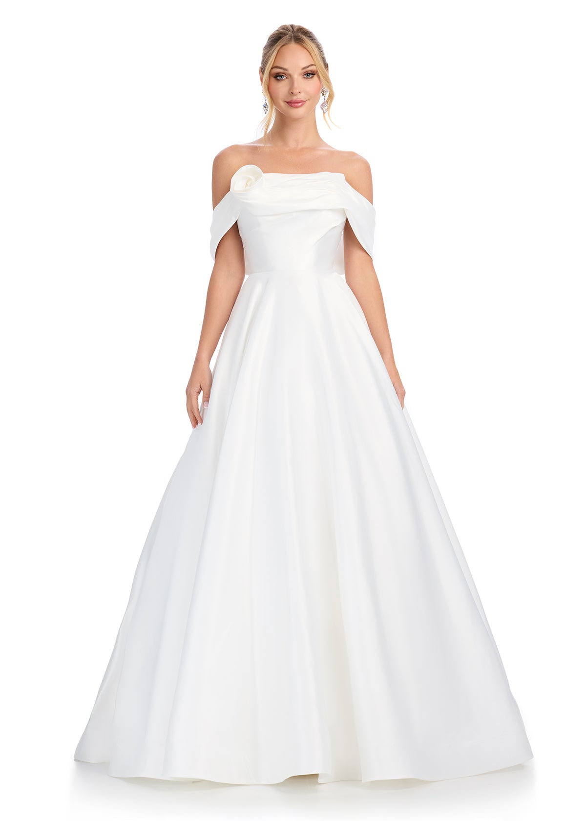 ASHLEYlauren 11914 - White Off Shoulder Dress - Luxury Bardot Ball Gown - White Background