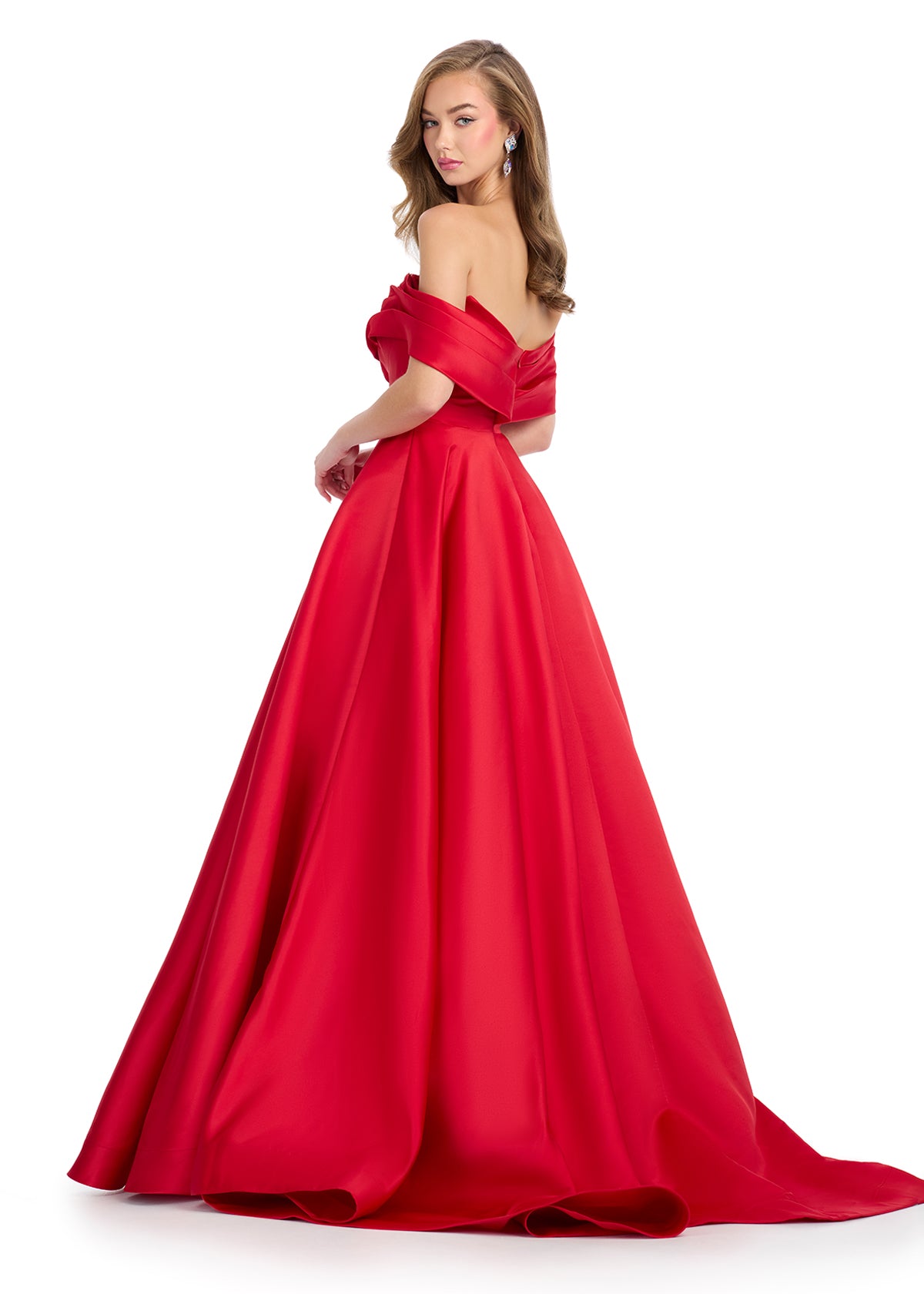 ASHLEYlauren 11914 - Red Off Shoulder Dress - Luxury Bardot Ball Gown - Back View  