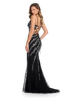 Back -  Stunning fully lace gown featuring a sweetheart neckline, delicate spaghetti straps, and a lace-up back. Embellished with press-on stones in an animal-inspired bead pattern, this gown is finished with a left leg slit and sweep train for a bold and glamorous look. Perfect for special occasions.