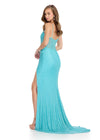 Back - Stunning fully beaded gown featuring a sweetheart neckline, corset bustier, delicate spaghetti straps, a wrap skirt, and a left leg slit for a glamorous and elegant look. Perfect for special occasions.