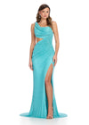  Striking fully beaded one-shoulder gown featuring elegant draping on the bustier, figure-enhancing cut-outs, a left leg slit, and a sweep train for a showstopping entrance. Perfect for special occasions.