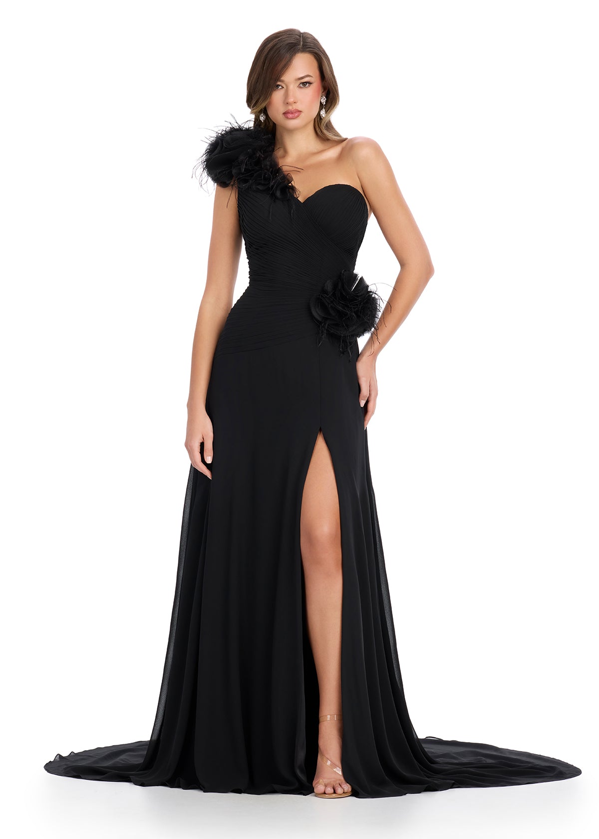 ASHLEYlauren 11969 - Black One Shoulder Evening Gown - Chiffon High Slit Dress