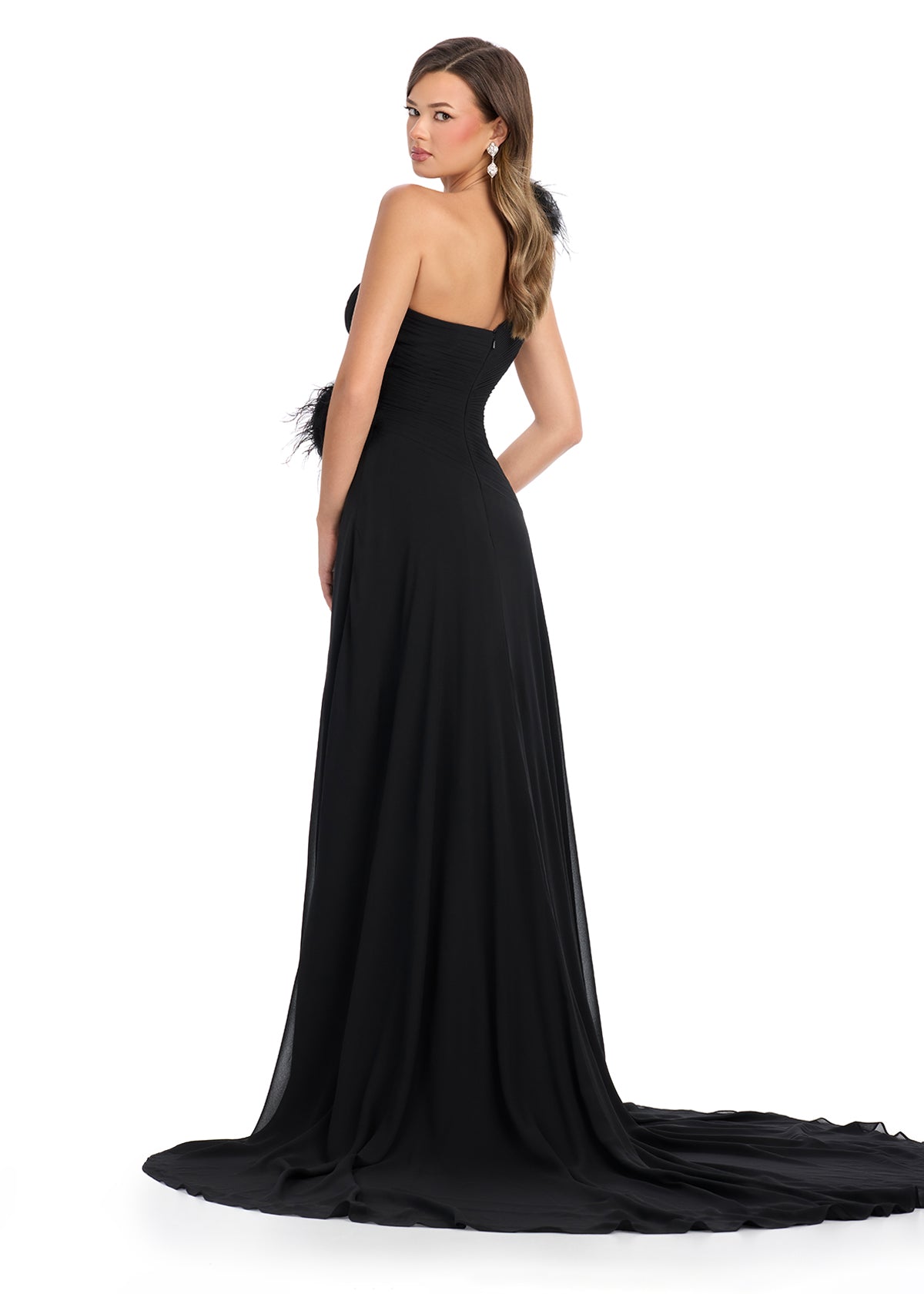 ASHLEYlauren 11969 - Black One Shoulder Evening Gown - Chiffon High Slit Dress - Back View