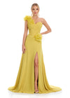 ASHLEYlauren 11969 - Mustard One Shoulder Evening Gown - Chiffon High Slit Dress