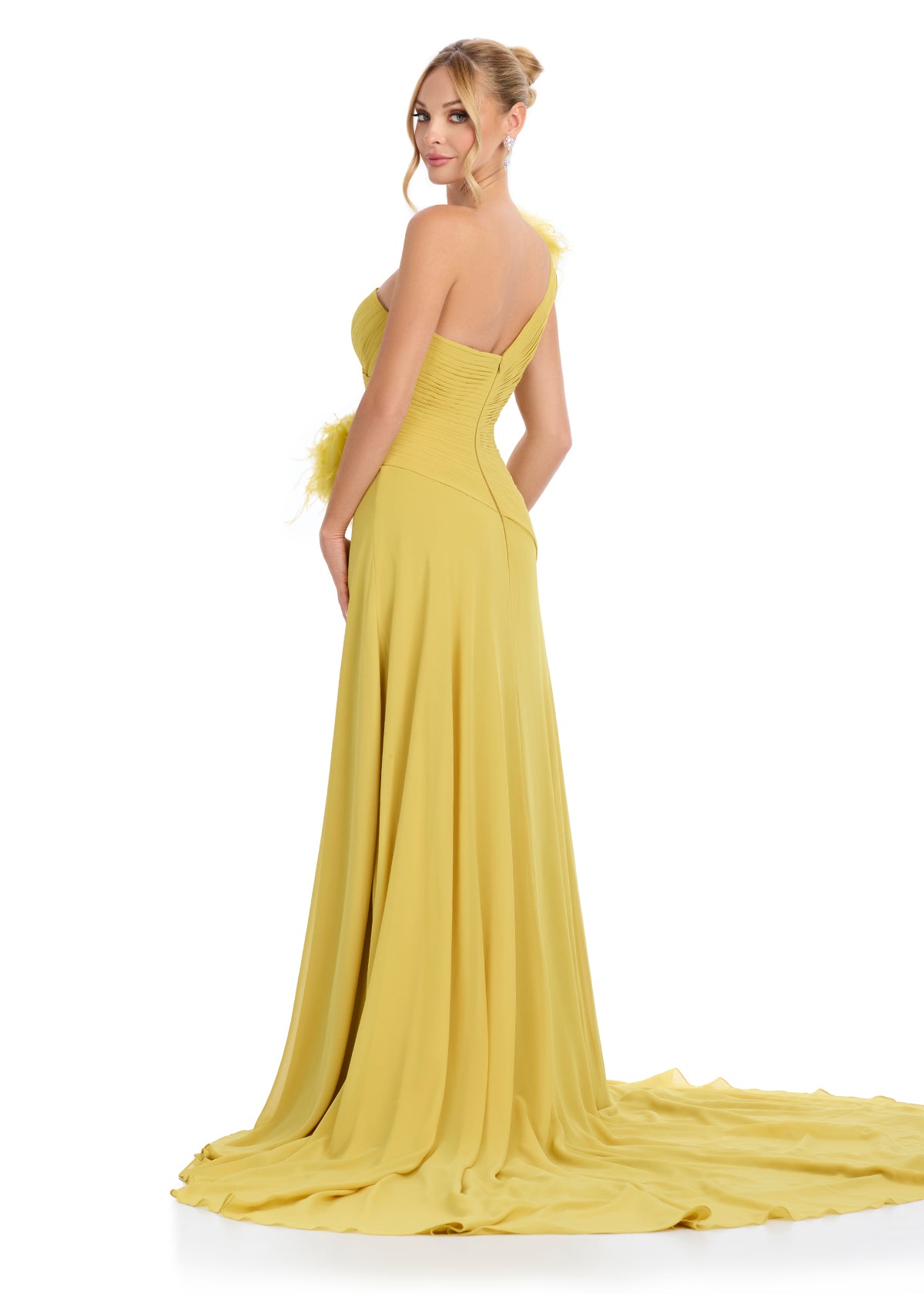 ASHLEYlauren 11969 - Mustard One Shoulder Evening Gown - Chiffon High Slit Dress - Back View 