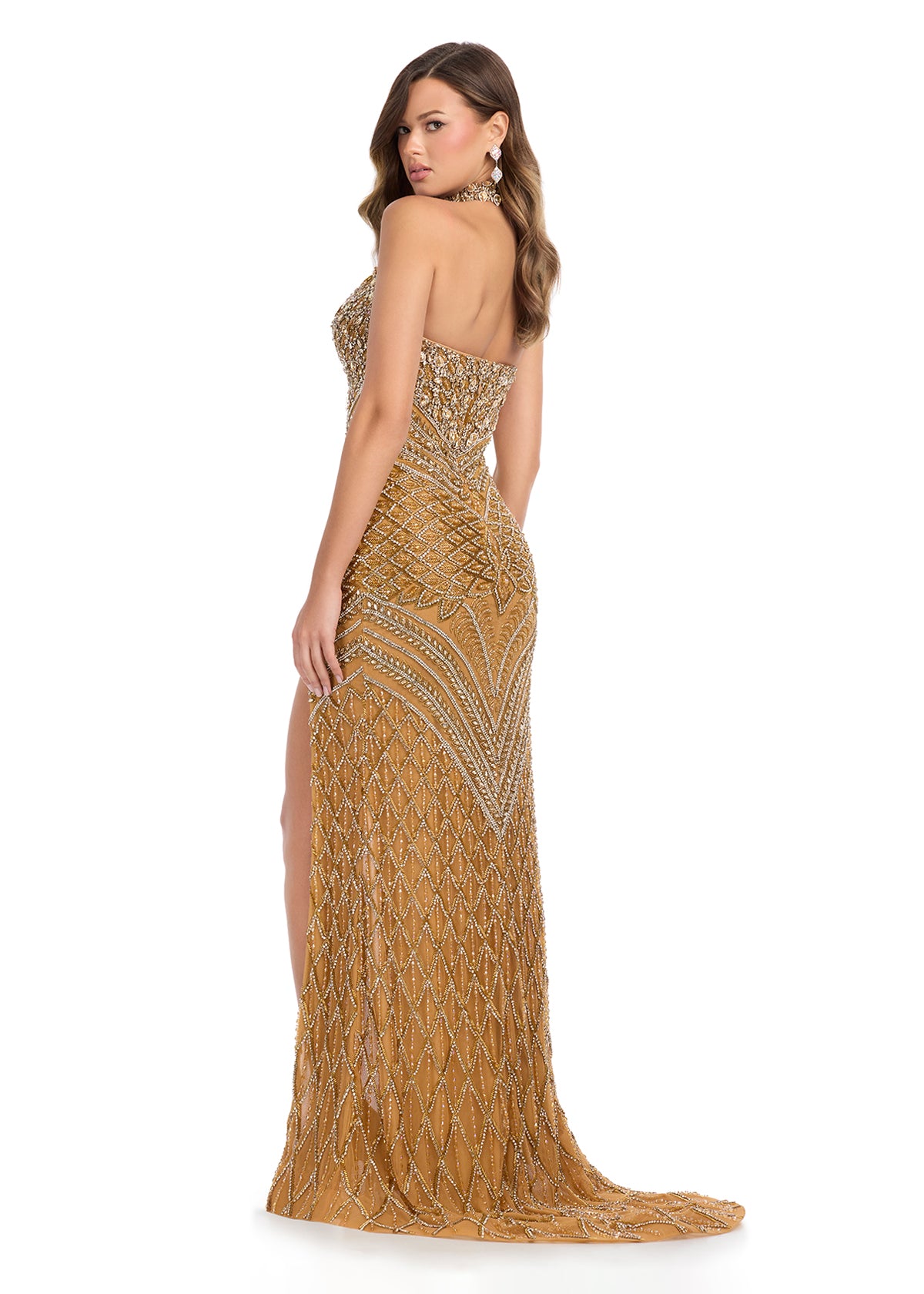 Back - Show-stopping strapless gown featuring an intricate hand-beaded design, a V-neckline, a fully beaded matching choker, a left leg slit, and a sweep train for an unforgettable look. Perfect for glamorous events.