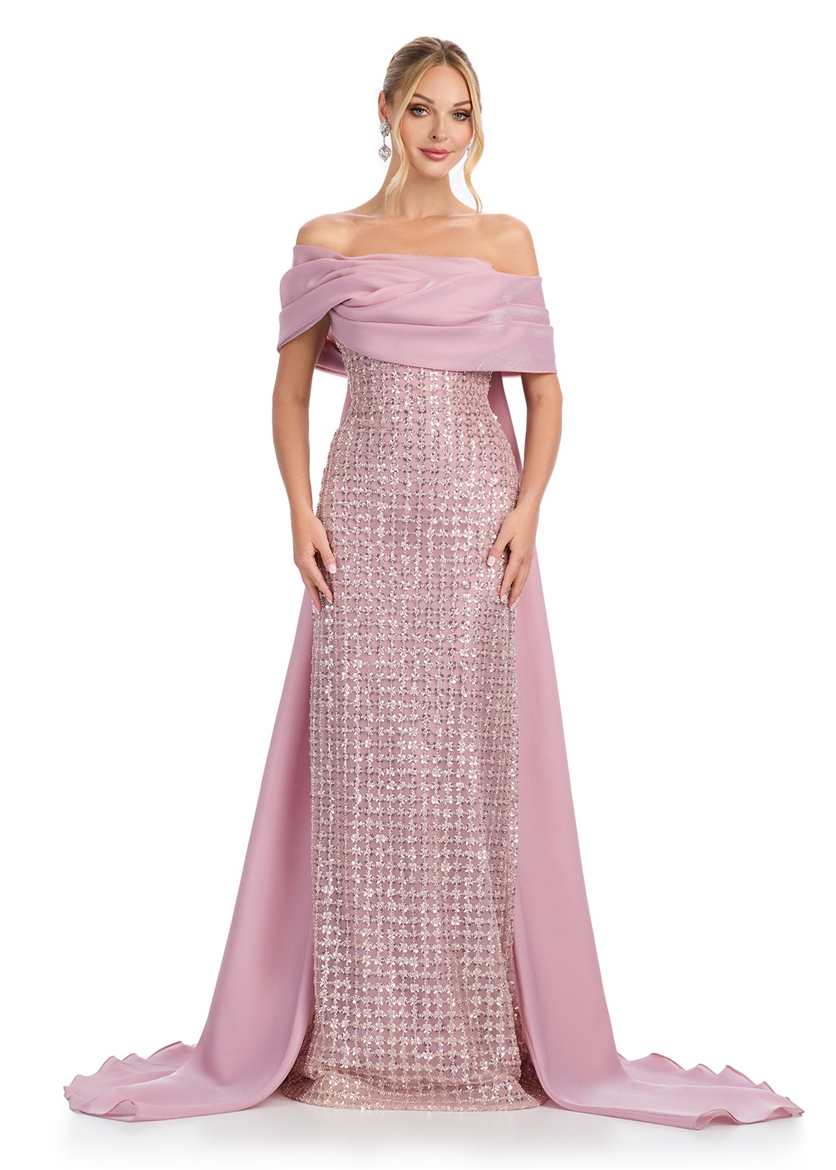 ASHLEYlauren 12020 - Pink Off Shoulder Beaded Evening Gown with Organza Cape - Ashley Lauren Dress