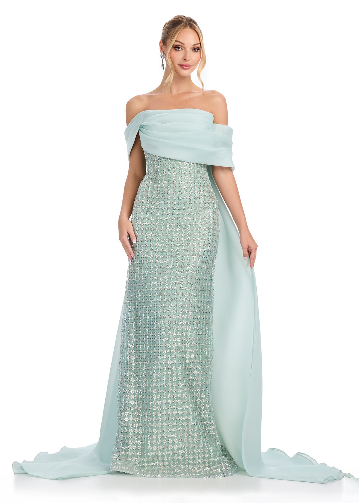 ASHLEYlauren 12020 - Sage Off Shoulder Beaded Evening Gown with Organza Cape - Ashley Lauren Dress