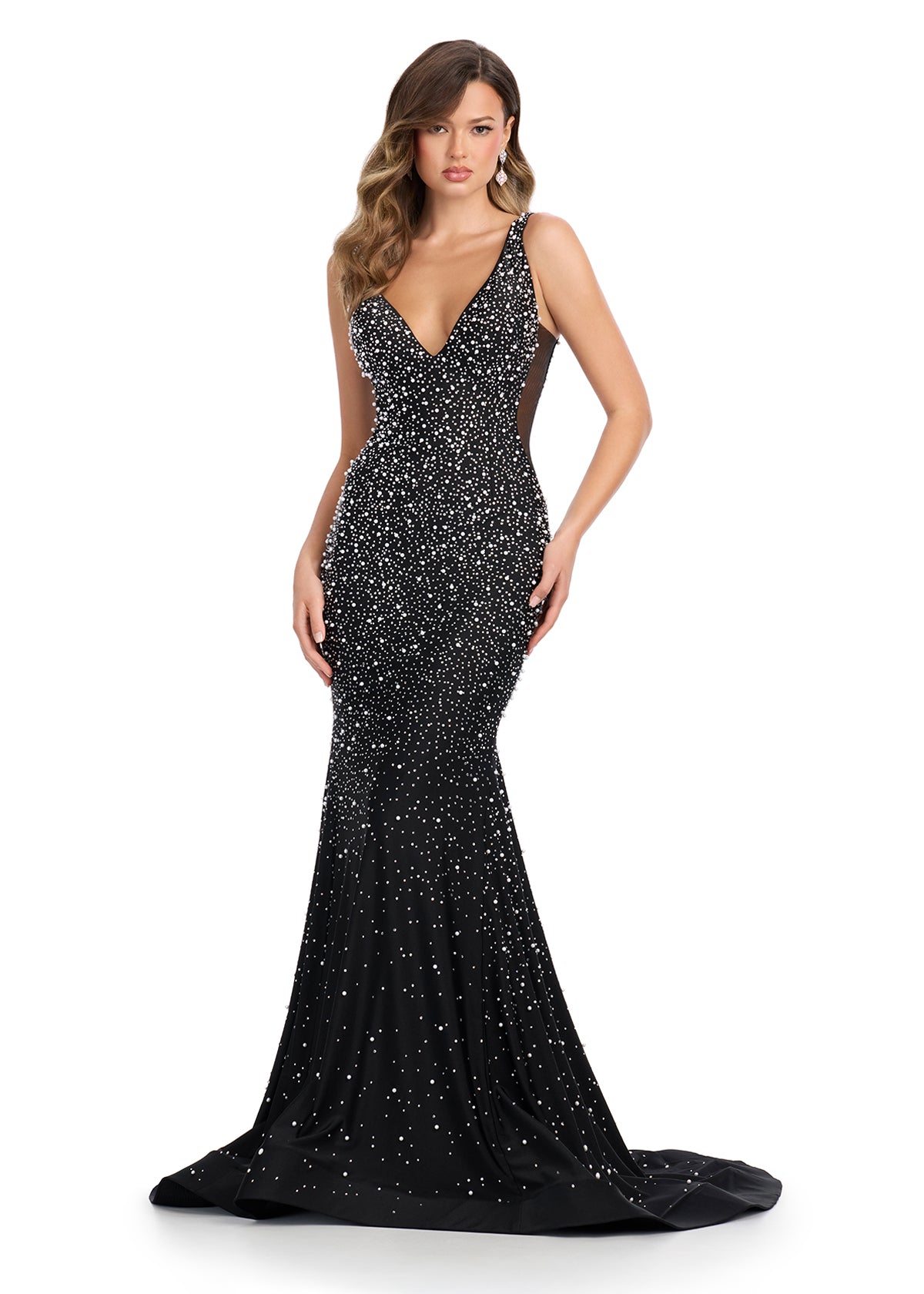 ASHLEYlauren 12030 – Pearl &amp; Crystal Embellished Black Evening Gown | Prom &amp; Pageant