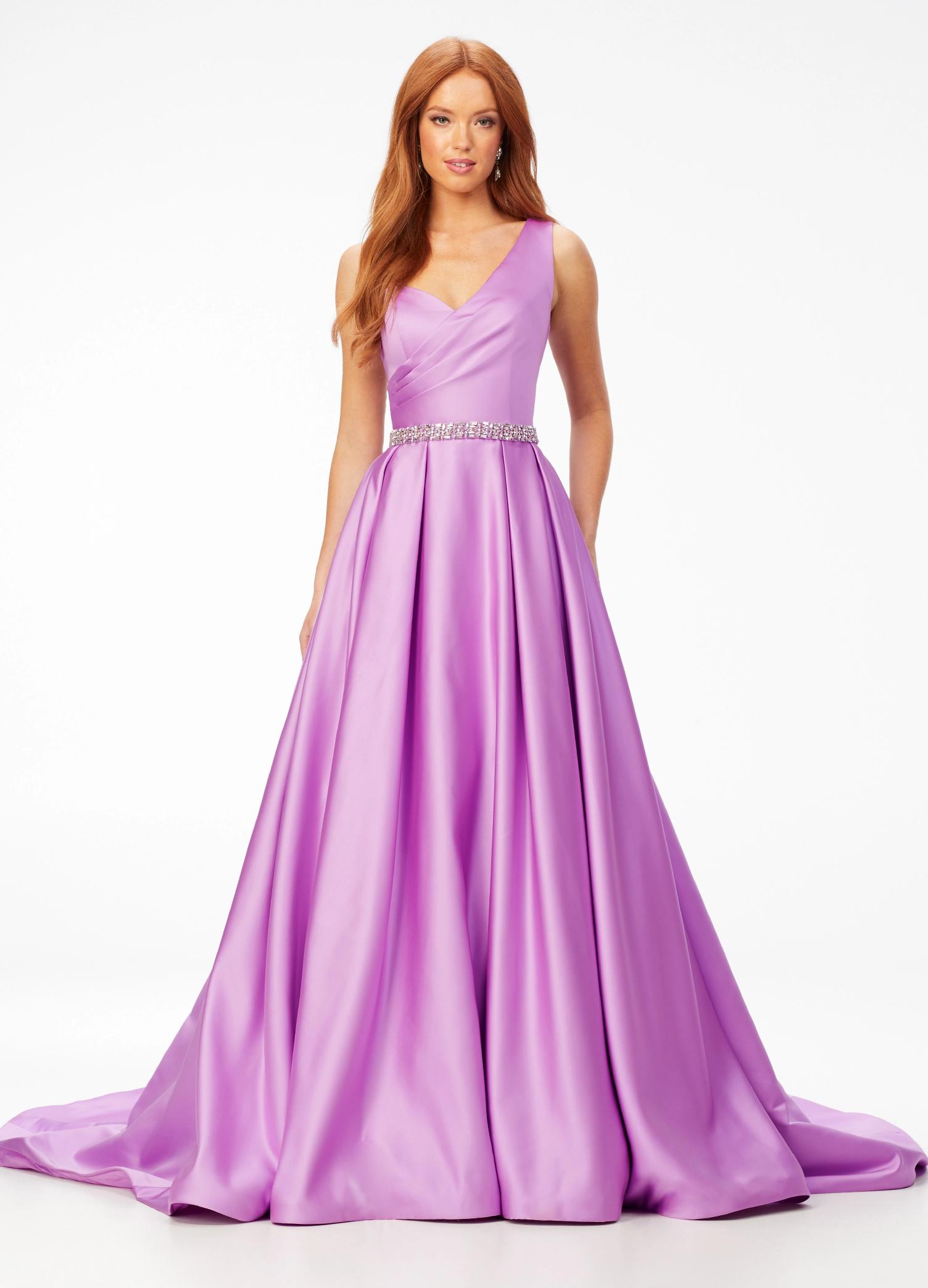 ASHLEYlauren 11075 lilac heavy satin ball gown featuring a one shoulder design, sweetheart neckline, beaded waistband, and an elegant A-line silhouette for a standout look.