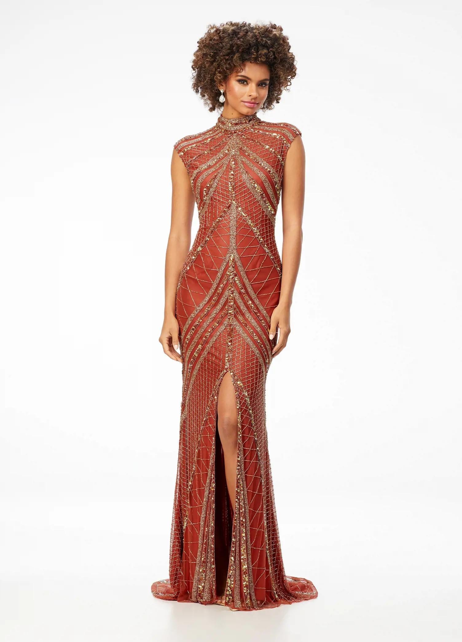 ASHLEYlauren 1674 Amber fully beaded gown with high neck, cap sleeves, centre slit, and geometric detailing